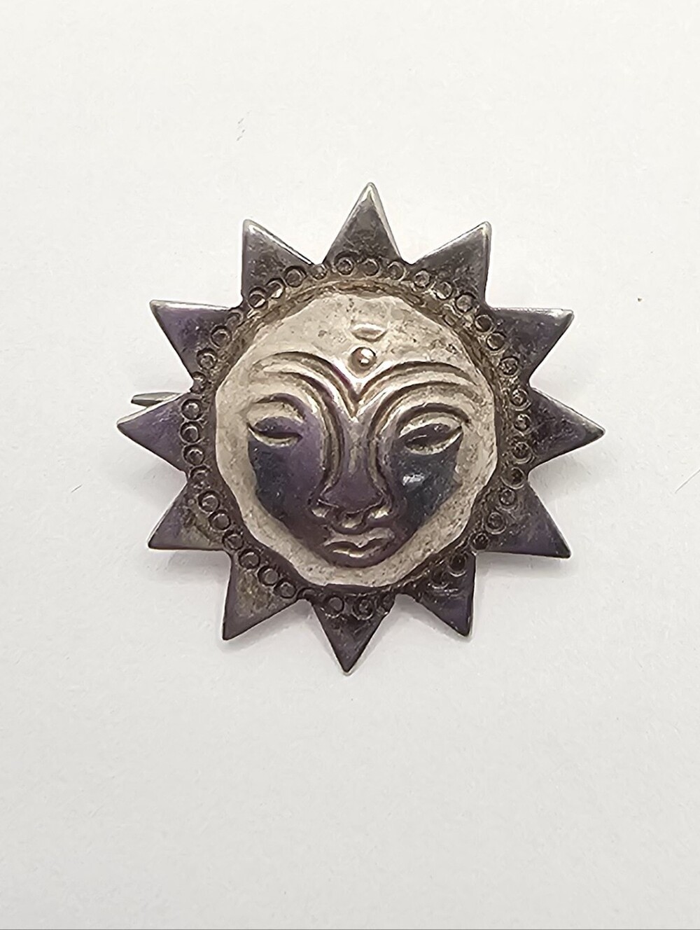 Sun Face Sterling Silver Brooch Pin